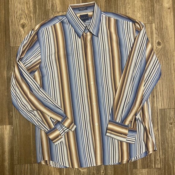 Faconnable Sz XL 100% Linen Button Down Striped Blue Brown Shirt 

#7 - Picture 1 of 6